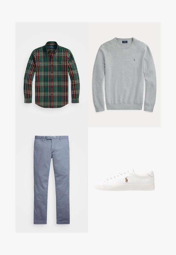 Jasnoszary długi sweter dzianinowy z okrągłym dekoltem, prążkowanymi mankietami i dołem oraz małym haftowanym logiem Polo Ralph Lauren na klatce piersiowej.; Zielona koszula w kratę z pomarańczowymi, granatowymi i białymi paskami. Posiada klasyczny kołnierzyk i długie rękawy, wykonana z miękkiej bawełny.; Jasnoniebieskie bawełniane chinosy o dopasowanym kroju, prostych nogawkach, z szlufkami na pasek i zamek błyskawiczny. Posiadają delikatne przeszycia i brak widocznych wzorów.; Białe skórzane sneakersy, niskoprofilowy design, charakteryzujące się gładką fakturą, okrągłym noskiem, sznurowanym przodem i małym haftowanym logo z boku.