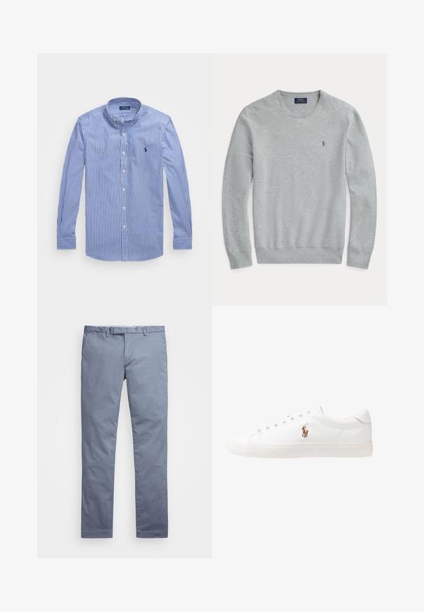 Jasnoszary długi sweter dzianinowy z okrągłym dekoltem, prążkowanymi mankietami i dołem oraz małym haftowanym logiem Polo Ralph Lauren na klatce piersiowej.; Pasy z niebieskiego i białego materiału, długie rękawy z guzikami, prosta kolnierz, małe logo i zapięcie na guziki. Tkanina bawełniana, gładka tekstura.; Jasnoniebieskie bawełniane chinosy o dopasowanym kroju, prostych nogawkach, z szlufkami na pasek i zamek błyskawiczny. Posiadają delikatne przeszycia i brak widocznych wzorów.; Białe skórzane sneakersy, niskoprofilowy design, charakteryzujące się gładką fakturą, okrągłym noskiem, sznurowanym przodem i małym haftowanym logo z boku.