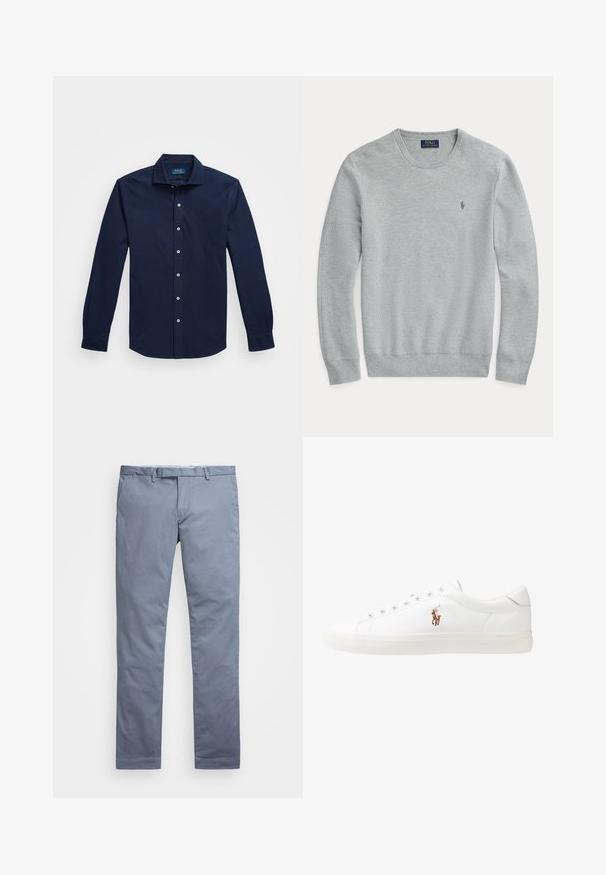 Šviesiai pilkas megztinis su ilgomis rankovėmis, apvalia kaklo išpjova, raukiniais ant rankogalių ir apvadų bei maža siuvinėta Polo Ralph Lauren logotipu krūtinėje.; Jūrinės mėlynos spalvos ilgomis rankovėmis marškiniai su mygtukais, pagaminti iš medvilnės, turi klasikinį apykaklę, baltus mygtukus ir subtilų išsiuvinėtą logotipą ant krūtinės.; Šviesiai mėlyni medvilniniai chinosai su siauru profiliu, tiesiomis klešnėmis, diržo kilpos ir užtrauktuku. Yra subtilūs siuvinėjimai ir jokių matomų raštų.; Baltos odinės sportbačiai, žemo profilio, su lygia tekstūra, apvalia nosimi, raištelių sistema priekyje ir mažyte siuvinėta logo šone.