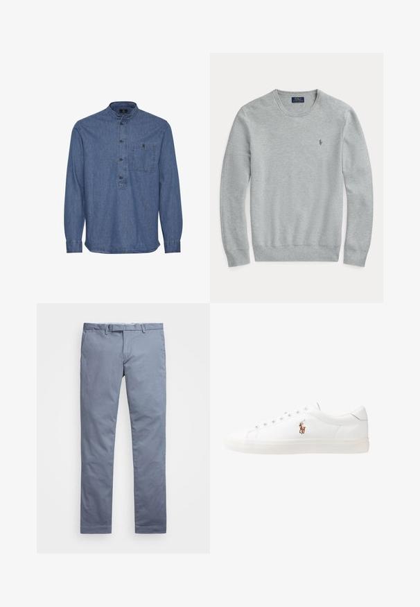 Világosszürke, hosszú ujjú kötött pulóver kerek nyakkal, bordás mandzsettával és szegéllyel, valamint kis hímzett Polo Ralph Lauren logóval a mellkasán.; Középkék farmering. Bandiszínű gallérral, elől gombos záródással és egyetlen mellzsebbel rendelkezik. Hosszú ujjú, fodros részletekkel.; Világoskék pamut chinos nadrág, slim fit szabású, egyenes lábakkal, övtartókkal és cipzáros záródással. Finom varrásokkal rendelkezik, és nincsenek rajta látható minták.; Fehér bőr sportcipők, alacsony fazonban, sima textúrával, kerek orral, fűzős előlappal és egy kis hímezett logóval az oldalon.