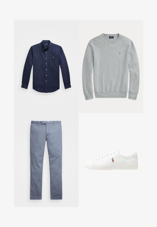 Light gray long-sleeve knit sweater with crew neck, ribbed cuffs and hem, and small embroidered Polo Ralph Lauren logo on chest.; Navy blue long-sleeve button-down shirt made of cotton, featuring a small embroidered logo on the chest and white buttons on the front.; Light blue cotton chinos with a slim fit, straight legs, belt loops, and a zip fly. Features subtle stitching and no visible patterns.; White leather sneakers, low-top design, featuring a smooth texture, round toe, laced front, and a small embroidered logo on the side.