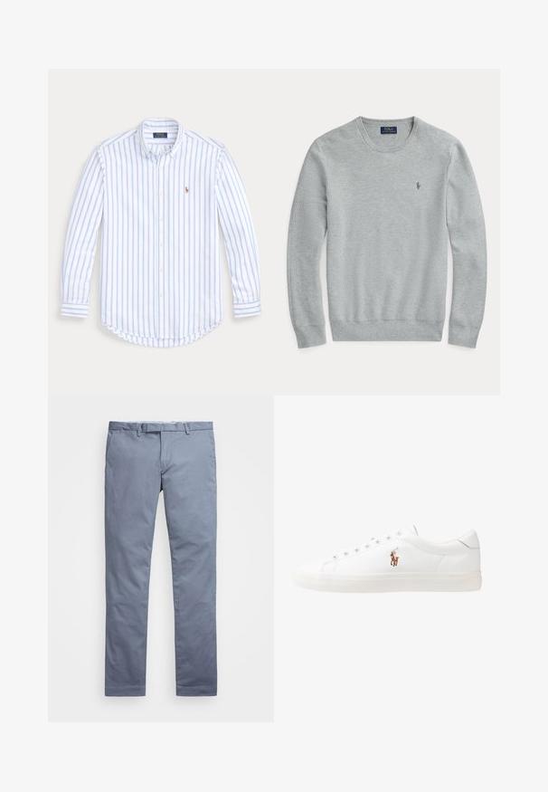 Sweater em malha cinza claro de manga longa com decote redondo, punhos e barra canelados, e pequeno logo bordado da Polo Ralph Lauren no peito.; Camisa de botão de manga longa azul clara e branca, feita de algodão, com uma bainha curva e um pequeno logótipo bordado no peito.; Chinos de algodão azul claro com um corte slim, pernas retas, passantes para cinto e fecho de zip. Apresenta costuras subtis e sem padrões visíveis.; Sapatilhas de couro brancas, design de cano baixo, com textura suave, biqueira redonda, atacadores à frente e um pequeno logótipo bordado na lateral.