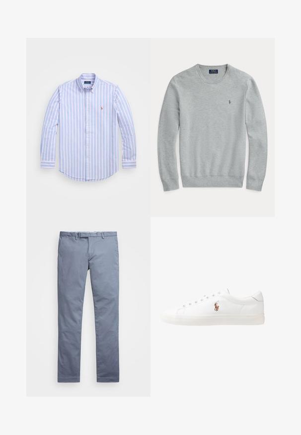 Lys grå langermet strikket genser med rund hals, ribbede mansjetter og hem, samt liten brodert Polo Ralph Lauren-logo på brystet.; Lys blå skjorte med knapper og vertikale rosa striper, krage, lange ermer, og en liten brodert logo på brystet. Laget av bomull.; Lyseblå bomullschinos med slim fit, rette ben, beltehemper og glidelås. Har subtile sømmer og ingen synlige mønstre.; Hvite lærsko, lavt design, med en glatt tekstur, rund tå, snøring foran, og en liten brodert logo på siden.