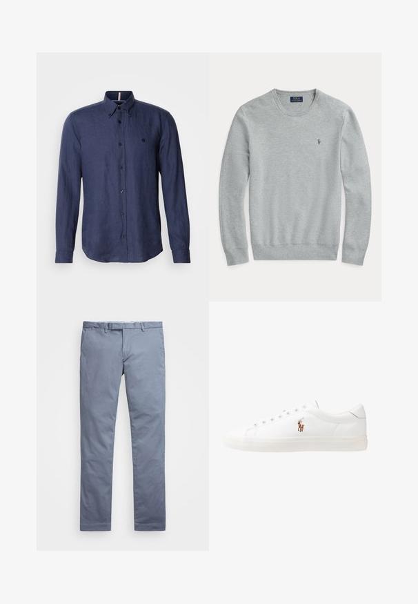 Svetra z dolgimi rokavi v svetlo sivi barvi, pletena, z okroglim ovratnikom, rebrastimi manšetami in robom ter majhnim vezenim logotipom Polo Ralph Lauren na prsih.; Mornarsko modra srajca z dolgimi rokavi, izdelana iz lanu, z ovratnikom na gumb, temnimi gumbi in diskretno logotipno podrobnostjo na prsih.; Svijetloplave pamučne chinos hlače slim kroja, ravne nogavice, petlje za remen i zatvarač s munjom. Sadrže suptilno šivanje i bez vidljivih uzoraka.; Bela usnjena teniski čevlji, nizki model, z gladko teksturo, okrogle konice, vezavi spredaj ter majhnim vezenim logotipom na strani.