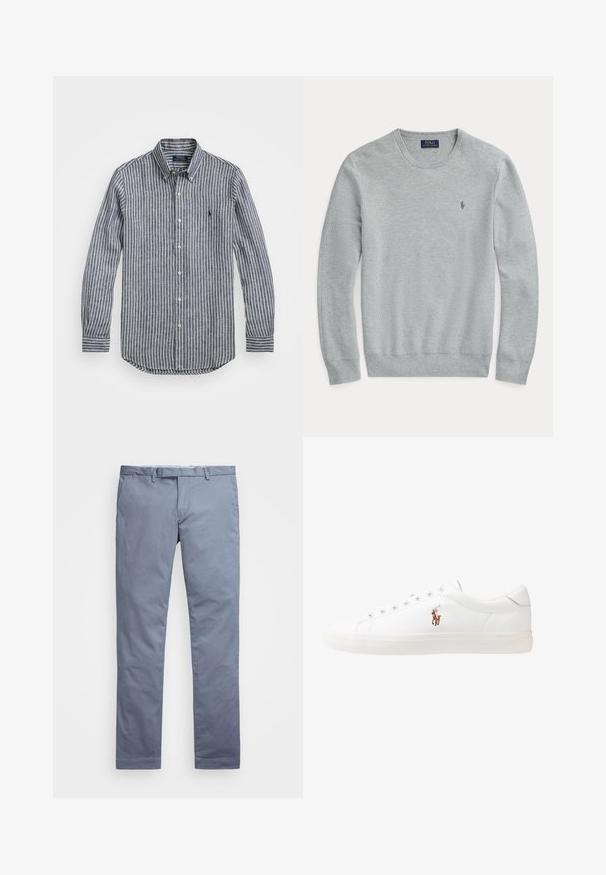 Lys grå langermet strikket genser med rund hals, ribbede mansjetter og hem, samt liten brodert Polo Ralph Lauren-logo på brystet.; Stripet knappskjorte i marineblå og hvit, med krage, lange ermer, og rette ermer. Glatt stoff med en subtil tekstur.; Lyseblå bomullschinos med slim fit, rette ben, beltehemper og glidelås. Har subtile sømmer og ingen synlige mønstre.; Hvite lærsko, lavt design, med en glatt tekstur, rund tå, snøring foran, og en liten brodert logo på siden.