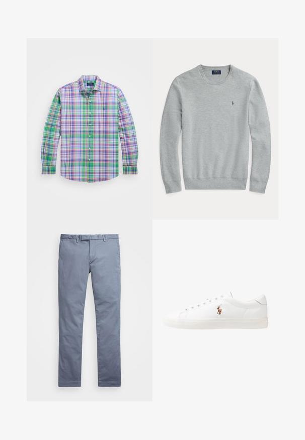 Light gray long-sleeve knit sweater with crew neck, ribbed cuffs and hem, and small embroidered Polo Ralph Lauren logo on chest.; Green plaid shirt with long sleeves, button-down collar, featuring pink, blue, and white checks. Embroidered logo above the left pocket.; Light blue cotton chinos with a slim fit, straight legs, belt loops, and a zip fly. Features subtle stitching and no visible patterns.; White leather sneakers, low-top design, featuring a smooth texture, round toe, laced front, and a small embroidered logo on the side.