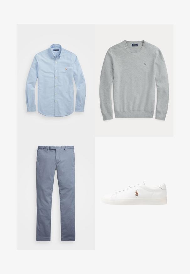 Suéter de punto de manga larga en gris claro con cuello redondo, puños y dobladillo de canalé, y pequeño logo bordado de Polo Ralph Lauren en el pecho.; Camisa de botones de manga larga de color azul claro, hecha de algodón, con un cuello clásico y un pequeño logo rojo bordado en el pecho.; Chinos de algodón azul claro con un corte ajustado, piernas rectas, trabillas para cinturón y cierre de cremallera. Presenta costuras sutiles y ningún patrón visible.; Zapatillas de cuero blancas, diseño de corte bajo, con una textura suave, puntera redonda, cordones en la parte delantera y un pequeño logo bordado en el lateral.