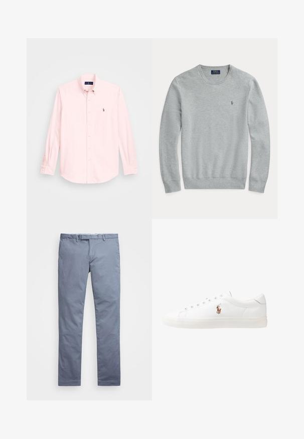 Sweater em malha cinza claro de manga longa com decote redondo, punhos e barra canelados, e pequeno logo bordado da Polo Ralph Lauren no peito.; Camisa de manga longa rosa claro com colarinho abotoado, apresenta um pequeno logótipo bordado no lado esquerdo do peito, feita de um tecido de algodão suave.; Chinos de algodão azul claro com um corte slim, pernas retas, passantes para cinto e fecho de zip. Apresenta costuras subtis e sem padrões visíveis.; Sapatilhas de couro brancas, design de cano baixo, com textura suave, biqueira redonda, atacadores à frente e um pequeno logótipo bordado na lateral.