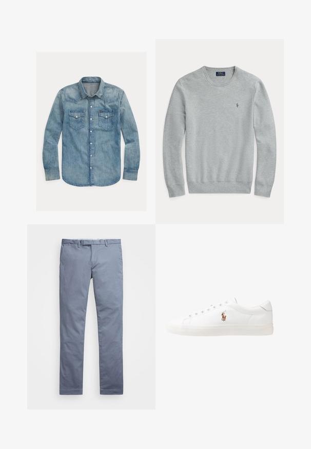 Šviesiai pilkas megztinis su ilgomis rankovėmis, apvalia kaklo išpjova, raukiniais ant rankogalių ir apvadų bei maža siuvinėta Polo Ralph Lauren logotipu krūtinėje.; Šviesiai mėlynas džinsinis marškiniai su smailiu apykakle, ilgomis rankovėmis, dviem krūtinės kišenėmis ir spaudžiamomis sagomis. Klasikinio vakarietiško stiliaus dizainas.; Šviesiai mėlyni medvilniniai chinosai su siauru profiliu, tiesiomis klešnėmis, diržo kilpos ir užtrauktuku. Yra subtilūs siuvinėjimai ir jokių matomų raštų.; Baltos odinės sportbačiai, žemo profilio, su lygia tekstūra, apvalia nosimi, raištelių sistema priekyje ir mažyte siuvinėta logo šone.