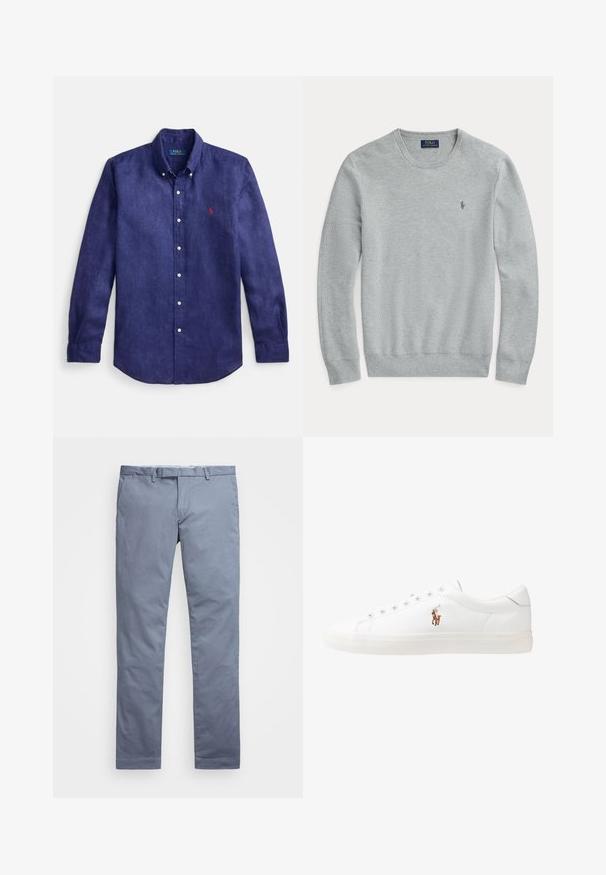 Šviesiai pilkas megztinis su ilgomis rankovėmis, apvalia kaklo išpjova, raukiniais ant rankogalių ir apvadų bei maža siuvinėta Polo Ralph Lauren logotipu krūtinėje.; Tamsiai mėlynas lininis ilgomis rankovėmis marškiniai su apykakle su saga, priekinė siūlė ir mažas raudonas siuvinėtas logotipas kairėje krūtinės pusėje.; Šviesiai mėlyni medvilniniai chinosai su siauru profiliu, tiesiomis klešnėmis, diržo kilpos ir užtrauktuku. Yra subtilūs siuvinėjimai ir jokių matomų raštų.; Baltos odinės sportbačiai, žemo profilio, su lygia tekstūra, apvalia nosimi, raištelių sistema priekyje ir mažyte siuvinėta logo šone.