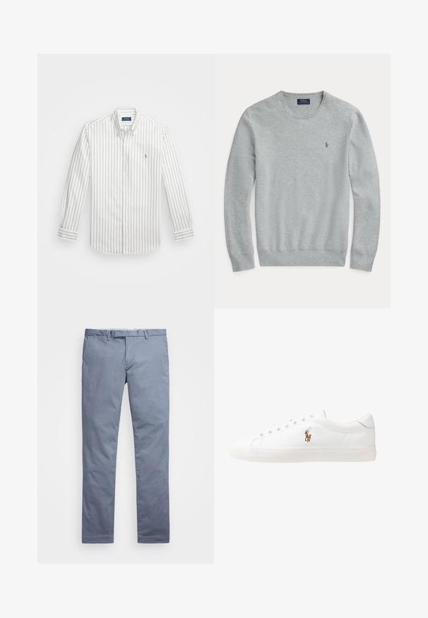 Jasnoszary długi sweter dzianinowy z okrągłym dekoltem, prążkowanymi mankietami i dołem oraz małym haftowanym logiem Polo Ralph Lauren na klatce piersiowej.; Biała koszula zapinana na guziki z jasnoniebieskimi pionowymi paskami, z długimi rękawami, z zapięciem na kołnierzu i małym haftowanym logo na lewej piersi.; Jasnoniebieskie bawełniane chinosy o dopasowanym kroju, prostych nogawkach, z szlufkami na pasek i zamek błyskawiczny. Posiadają delikatne przeszycia i brak widocznych wzorów.; Białe skórzane sneakersy, niskoprofilowy design, charakteryzujące się gładką fakturą, okrągłym noskiem, sznurowanym przodem i małym haftowanym logo z boku.