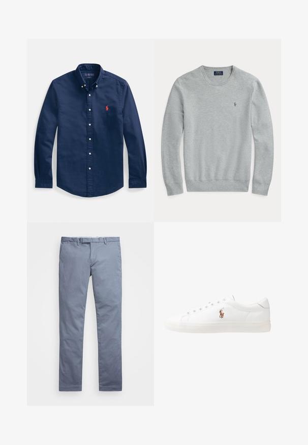 Sweater em malha cinza claro de manga longa com decote redondo, punhos e barra canelados, e pequeno logo bordado da Polo Ralph Lauren no peito.; Camisa azul-marinho de algodão com botões, apresentando uma gola apontada, mangas compridas e um pequeno logótipo vermelho bordado no peito.; Chinos de algodão azul claro com um corte slim, pernas retas, passantes para cinto e fecho de zip. Apresenta costuras subtis e sem padrões visíveis.; Sapatilhas de couro brancas, design de cano baixo, com textura suave, biqueira redonda, atacadores à frente e um pequeno logótipo bordado na lateral.
