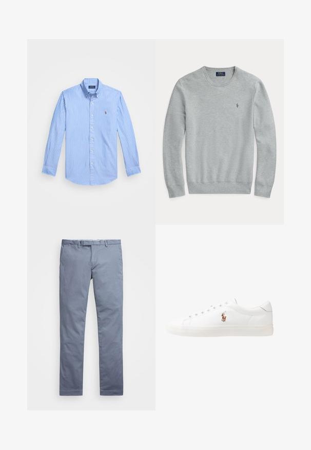 Jasnoszary długi sweter dzianinowy z okrągłym dekoltem, prążkowanymi mankietami i dołem oraz małym haftowanym logiem Polo Ralph Lauren na klatce piersiowej.; Niebieska i biała, w paski, koszula z długim rękawem z guzikami, z wysuniętym kołnierzykiem i emblematem logo na piersi. Bawełnowa tkanina o gładkiej fakturze.; Jasnoniebieskie bawełniane chinosy o dopasowanym kroju, prostych nogawkach, z szlufkami na pasek i zamek błyskawiczny. Posiadają delikatne przeszycia i brak widocznych wzorów.; Białe skórzane sneakersy, niskoprofilowy design, charakteryzujące się gładką fakturą, okrągłym noskiem, sznurowanym przodem i małym haftowanym logo z boku.