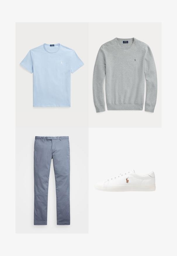 Ανοιχτό γκρι πλεκτό πουλόβερ μακρυμάνικο με στρογγυλή λαιμόκοψη, ραμμένες μανσέτες και στρίφωμα, καθώς και μικρό κεντημένο λογότυπο Polo Ralph Lauren στο στήθος.; Ανοικτού μπλε βαμβακερό μπλουζάκι με στρογγυλή λαιμόκοψη και κοντά μανίκια. Διαθέτει μικρό λευκό κεντημένο λογότυπο στο αριστερό στήθος.; Ανοιχτό μπλέ βαμβακερές chinos με εφαρμογή slim, ίσιες γραμμές, θηλιές για ζώνη και κλείσιμο με φερμουάρ. Διαθέτει διακριτές ραφές και χωρίς ορατά μοτίβα.; Λευκά δερμάτινα sneakers, χαμηλού σχεδιασμού, με απαλή υφή, στρογγυλή μύτη, δέσιμο μπροστά και μικρό κεντημένο λογότυπο στο πλάι.