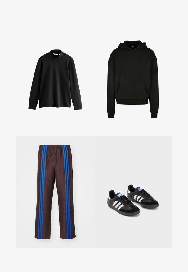 Mustat hupparit, jotka on valmistettu pehmeästä kankaasta, sisältäen etutaskun, ribbitut hihat ja rento leikkaus.; Mustapaita pitkähihoinen huppari korkealla kauluksella, pehmeästä kankaasta, jossa on laskeutuvat olkapäät ja ribbireunat rentoa istuvuutta varten.; Ruskeiden kuviolliset housut, joissa on teksturoitu pinta, kahdella pystysuoralla sinisellä raidalla sivuilla ja joustava vyötärö.; Mustat lenkkarit, joissa on mokkanahka- ja synteettinen päällinen, kolmella valkoisella raidalla, tekstuurilla varustettu kumipohja ja sininen logo-etiketti kielellä.