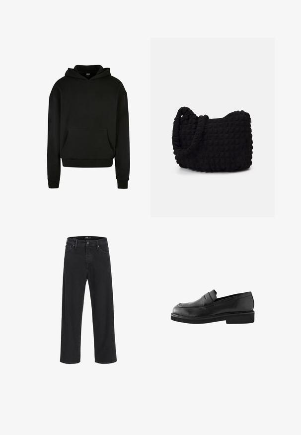 Sort hættebluse lavet af blødt stof, med en frontlomme, ribbede manchetter og et afslappet fit design.; Sorte denim jeans med lige ben, knap- og lynlåslukning, bæltestropper samt for- og baglommer.; Next EDIT CHUNKY REGULAR FIT - Loafers - black; Sort stofpose med en struktureret, quilted mønster. Rund form, korte, tykke håndtag, og en blød, fleksibel struktur.