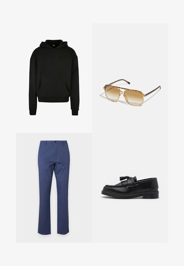 Sudadera con capucha negra hecha de una tela suave, con un bolsillo frontal, puños acanalados y un diseño de corte relajado.; Pantalones de algodón azul marino con cremallera, bolsillos frontales y un diseño de pierna recta. Textura suave con un cierre de botón en la cintura.; Mocasín de cuero negro con un acento de borlas, detalles de costura a lo largo del borde y una suela de goma gruesa para mayor durabilidad.; Gafas de sol carey con montura rectangular, lentes en degradado marrón y elegantes patillas negras con sutiles acentos de logo.