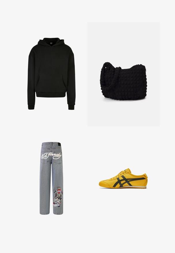 Zwarte hoodie gemaakt van zachte stof, met een voorzak, geribde boorden en een ontspannen pasvorm.; Lichtblauwe denim wijd-uitlopende jeans met in het wit geborduurde "Ed Hardy" en een kleurrijk grafisch ontwerp van een schedel met vleugels.; Geel canvas schoen met zwarte accentstrepen, ronde neus en lage profiel. Heeft zes veterogen, textielstof en een rubberen zool.; Zwarte stoffen tas met een gestructureerd, gewatteerd patroon. Rondvormig, korte, dikke handvatten en een zachte, flexibele structuur.