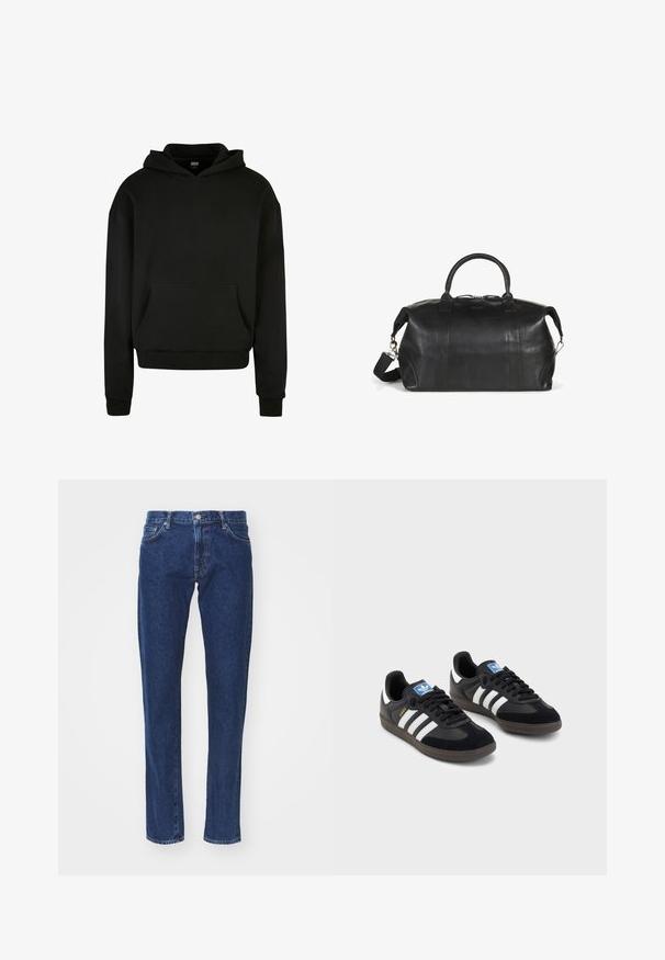 Černá mikina s kapucí vyrobená z měkké tkaniny, s přední kapsou, potrubkovými manžetami a volným střihem.; Tmavě modré džíny z denimu se střihy rovného nohavice, designem s pěti kapsami, kovovým zapínáním a jemným prošíváním.; Černé tenisky s vrškem z semiše a syntetického materiálu, s třemi bílými pruhy, texturovanou gumovou podrážkou a modrou nášivkou loga na jazyku.; Černá kožená cestovní taška s kulatými rukojeťmi, odnímatelným ramenním popruhem a subtilními švy. Hladký povrch a praktický design.