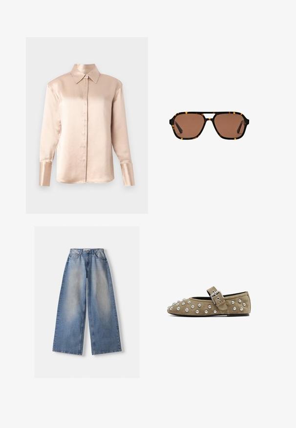 Navy blue zip-up sweatshirt with a high collar, featuring white vertical stripes, wide long sleeves, and a ribbed hem. Smooth texture.; Satin blouse in soft beige with a classic collar, long sleeves, button-up front, and slightly oversized fit. Smooth texture, minimal detailing.; Wide-leg blue denim jeans with high waist and faded details, laid flat on white background.; Suede flat shoe in taupe with metallic studs across the toe and leather strap with a silver buckle. Rounded toe and flat sole.; Brown-tinted rectangular sunglasses with tortoiseshell frame and a double bridge design on a white background.; White synthetic handbag with a triangular shape, flat front flap and bow detail, adjustable strap, smooth texture, and minimalistic design.