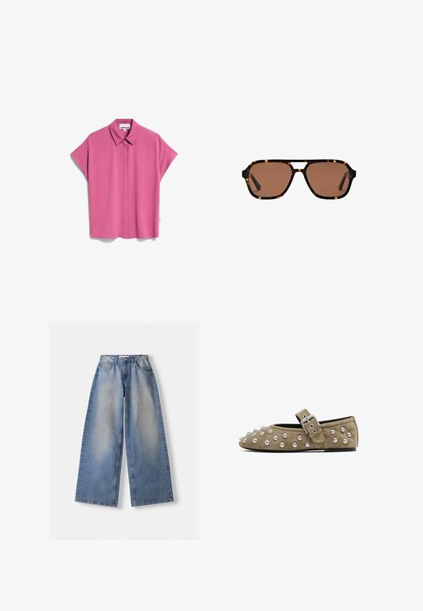 Navy blue zip-up sweatshirt with a high collar, featuring white vertical stripes, wide long sleeves, and a ribbed hem. Smooth texture.; ARMEDANGELS LARISAANA - Button-down blouse - crushed berry; Wide-leg blue denim jeans with high waist and faded details, laid flat on white background.; Suede flat shoe in taupe with metallic studs across the toe and leather strap with a silver buckle. Rounded toe and flat sole.; Brown-tinted rectangular sunglasses with tortoiseshell frame and a double bridge design on a white background.; White synthetic handbag with a triangular shape, flat front flap and bow detail, adjustable strap, smooth texture, and minimalistic design.