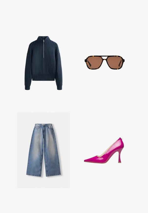 Marineblauwe ritsvest met hoge kraag, met witte verticale strepen, brede lange mouwen en een geribbelde zoom. Gladde textuur.; Lichtgrijze t-shirt met korte mouwen van zacht materiaal. Heeft een ronde halslijn en eenvoudige, strakke lijnen zonder patronen of versieringen.; Brede blauwe denim jeans met hoge taille en vervaagde details, plat gelegd op een witte achtergrond.; Roze lakleren hoge hak schoen met een spitse neus en een slanke stilettohak. Glad oppervlak met een glanzende afwerking.; Bruine rechthoekige zonnebril met een schildpadprint montuur en een dubbele brug ontwerp op een witte achtergrond.; Witte synthetische handtas met een driehoekige vorm, platte voorklep en strikdetail, verstelbare schouderriem, gladde textuur en minimalistisch ontwerp.