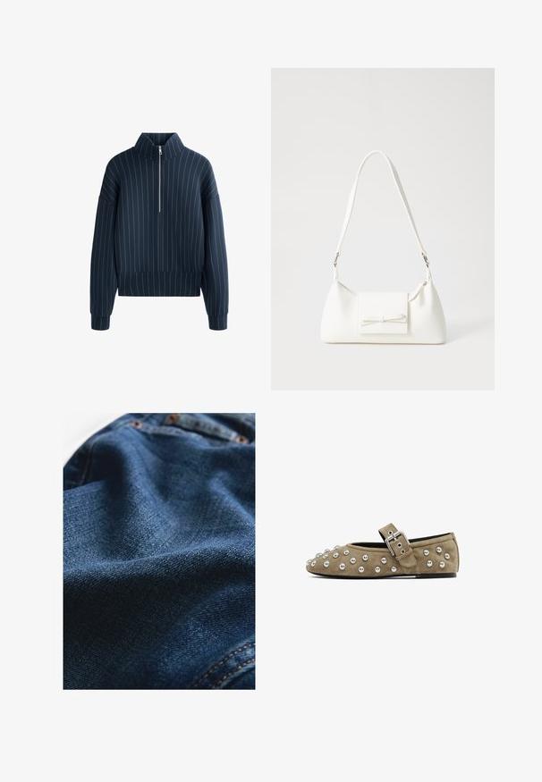 Marineblå zip-up sweatshirt med hög krage, med vita vertikala ränder, breda långa ärmar och ribbad nederkant. Slät textur.; Ljusgrå kortärmad t-shirt i mjukt material. Har en rund halslinning och enkla, rena linjer utan mönster eller utsmyckningar.; Denimtyg i mörkblått, med en slät yta och subtila vävvariationer samt kontrasterande sömmar.; Suede platt sko i taupe med metallnitar över tån och läderrem med en silverfärgad spänne. Rund tå och platt sula.; Vit syntetisk handväska med triangulär form, platt framklaff och rosettdetalj, justerbar rem, slät textur och minimalistisk design.