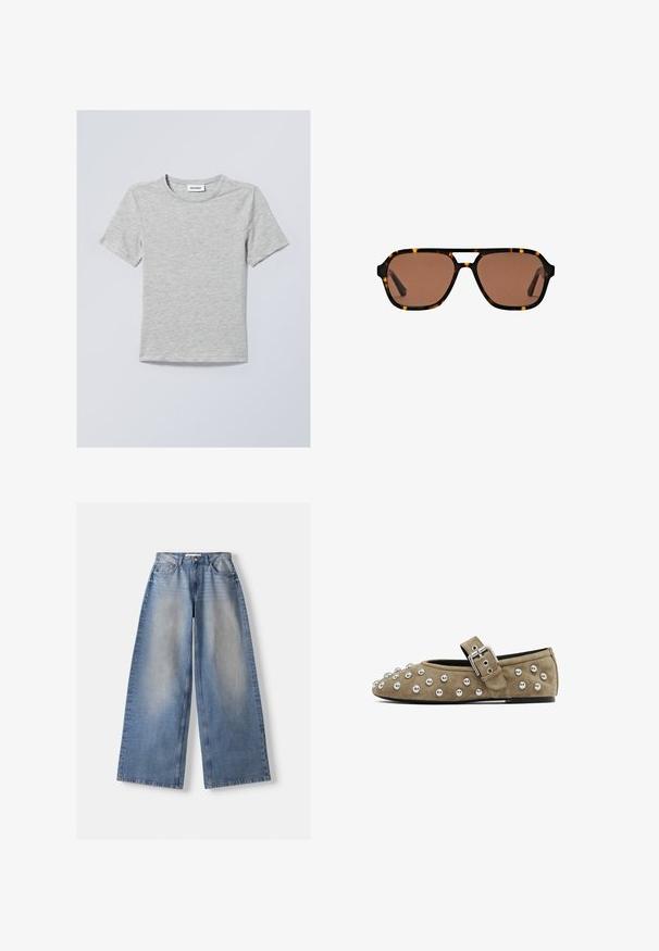 Marineblauwe ritsvest met hoge kraag, met witte verticale strepen, brede lange mouwen en een geribbelde zoom. Gladde textuur.; Lichtgrijze t-shirt met korte mouwen van zacht materiaal. Heeft een ronde halslijn en eenvoudige, strakke lijnen zonder patronen of versieringen.; Brede blauwe denim jeans met hoge taille en vervaagde details, plat gelegd op een witte achtergrond.; Suède platte schoen in taupe met metalen studs over de teen en een leren riem met een zilveren gesp. Rond neuof en platte zool.; Bruine rechthoekige zonnebril met een schildpadprint montuur en een dubbele brug ontwerp op een witte achtergrond.; Witte synthetische handtas met een driehoekige vorm, platte voorklep en strikdetail, verstelbare schouderriem, gladde textuur en minimalistisch ontwerp.