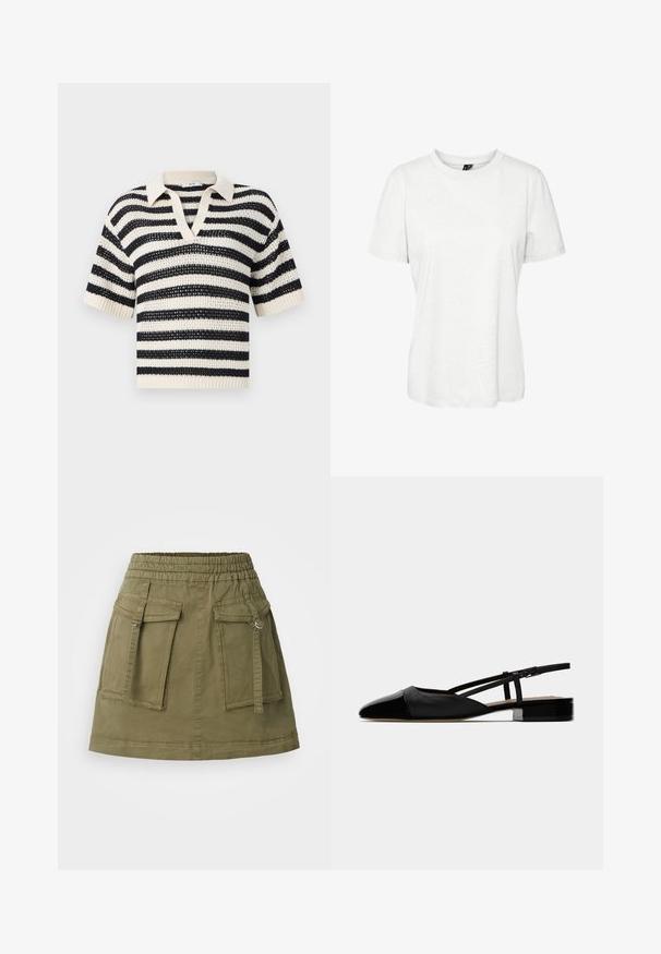 Potreben pulover s kratkimi rokavi in V-izrezom v kremni in morsko modri barvi, z ribanim robom in teksturiranim odprtim tkanjem.; Bela majica s kratkimi rokavi iz bombaža z okroglim izrezom in sproščenim krojem. Gladka tekstura brez vidnih vzorcev ali okrasnih elementov.; Olivno zeleni krilo iz bombažnega blaga, z elastičnim pasom, dvema sprednjima žepoma in ravnim robom.; Črne usnjene slingback balerinke s koničastim nosom, zaprtim vampom in nastavljivim gležnjarjem. Imajo nizko, kvadratno peto. Gladka tekstura.