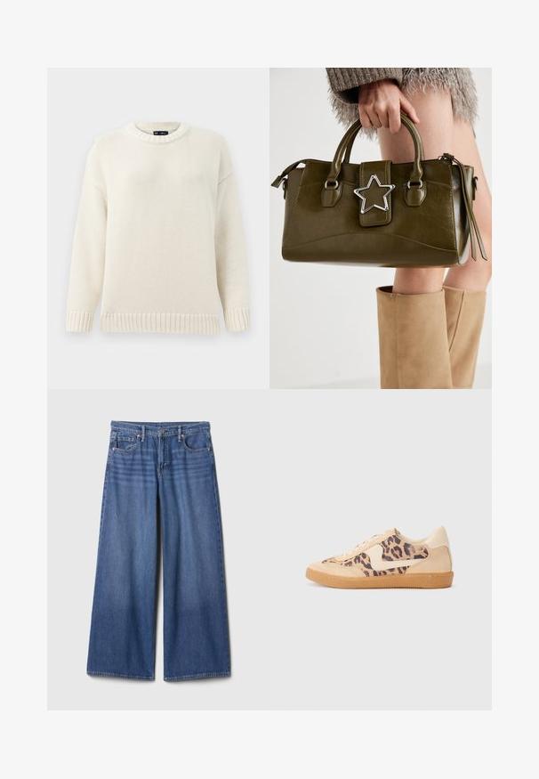 Hele kreemikookon kudum, millel on ümar kaelus, soonikud varrukatel ja allääres. Omab tekstuurset mustrit ja langenud õlgu, mis tagavad mugava istuvuse.; Laia äärega teksapüksid keskmises sinises toonis, kõrge vöökohaga, viie taskuga ja õmbluse aksentidega. Siledapinnaline, kaunistusteta viimistlus.; Leopardi mustriga tossud, millel on beež sueded ülemine osa, pruuni kummist põhi ja valged aktsendid. Ümar nina ja lipsukujundus, millel on tekstureeritud viimistlus.; Oliivroheline kunstnahast käekott koos hõbedase tähe aktsendiga, kahe käepideme ja luku sulgemisega. Tekstuuriga pind ja struktureeritud kuju.