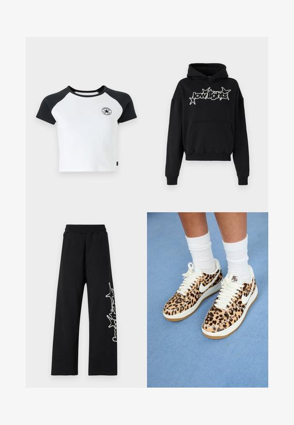 Czarny hoodie wykonany z bawełny, z przednią kieszenią w kształcie kangura, kapturem ze sznurkiem oraz białym tekstem graficznym z gwiazdkami na przodzie.; Koszulka t-shirt z krótkim rękawem w kolorze białym z czarnymi rękawami, z okrągłym dekoltem i okrągłym logo na piersi. Wykonana z materiału bawełnianego.; Czarne dresy z szerokimi nogawkami, elastycznym pasem, bocznymi kieszeniami oraz białym nadrukiem na lewej nogawce. Wykonane z miękkiego materiału.; Sneakers Nike Air Force 1 w print w panterę, z białymi sznurowadłami i znakiem swoosh, z tanowym gumowym spodem i fakturowaną cholewką. Widoczne białe skarpetki.