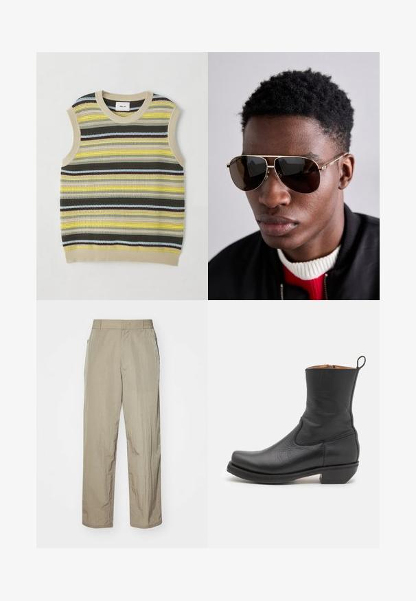 Pleteni bezrukavi top s horizontalnim prugama u žutoj, zelenoj, smeškoj i plavoj boji. Okrugli izrez s rebrastim bež rubom. Teksturirani materijal.; Bež lagane hlače s opuštenim krojem, imaju elastičnu futrolu i bočne džepove. Tkanina izgleda teksturirano i blago naborano.; Crna kožna čizma do gležnja s glatkom teksturom, uskim profilom, bočnim šavovima i niskim kvadratnim petama. Ima petlju za nošenje straga.; Smeđe sunčane naočale sa zlatnim detaljima i zeleno-crvenom-zelenom prugom na uhu, nošene s crnom bomberskom jaknom preko crveno-bijelog džempera.