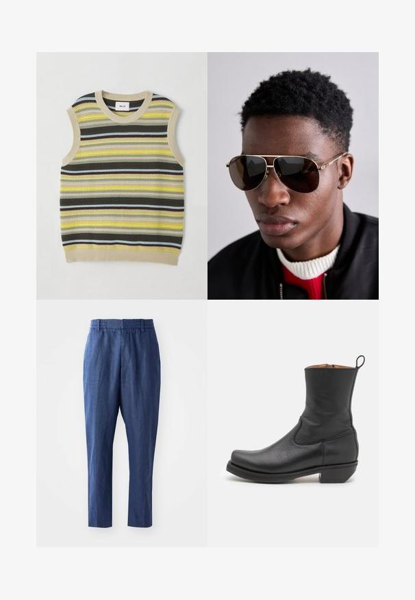 Pleteni bezrukavi top s horizontalnim prugama u žutoj, zelenoj, smeškoj i plavoj boji. Okrugli izrez s rebrastim bež rubom. Teksturirani materijal.; Tamno plave lanene hlače s opuštenim krojem, elastičnim pojasom i suženim nogavicama. Imaju glatku teksturu i minimalne šavove.; Crna kožna čizma do gležnja s glatkom teksturom, uskim profilom, bočnim šavovima i niskim kvadratnim petama. Ima petlju za nošenje straga.; Smeđe sunčane naočale sa zlatnim detaljima i zeleno-crvenom-zelenom prugom na uhu, nošene s crnom bomberskom jaknom preko crveno-bijelog džempera.