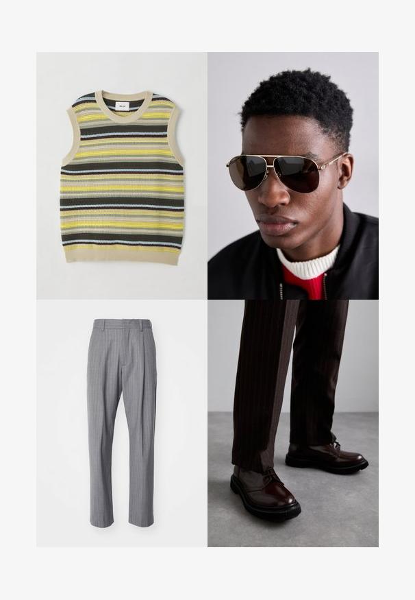 Haut sans manches en tricot avec des rayures horizontales jaunes, vertes, brunes et bleues. Encolure ronde avec une bordure en côte beige. Tissu texturé.; NN.07 KAY - Pantalon classique - grey; Chaussures en cuir marron à lacets avec une finition brillante, semelle en caoutchouc noire et coutures discrètes. Portées avec un pantalon marron à rayures.; Des lunettes de soleil marron avec des accents dorés et une rayure verte-rouge-verte sur la branche, portées avec une veste bomber noire sur un pull rouge et blanc.