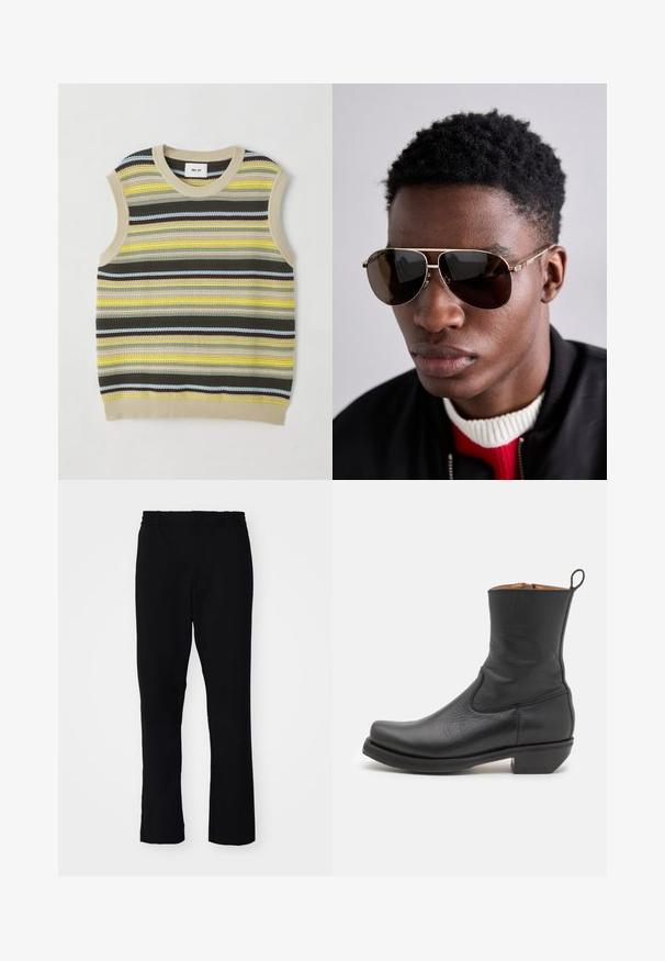 Ärmelloses Stricktop mit horizontalen Streifen in Gelb, Grün, Braun und Blau. Runder Halsausschnitt mit geripptem beigem Saum. Strukturiertes Gewebe.; Schwarze Hose mit enger Passform. Sie verfügt über einen elastischen Bund und gerade Beine, gefertigt aus einem glatten Stoff mit matter Oberfläche.; Schwarze Leder-Stiefelette mit glatter Oberfläche, schlankem Profil, seitlicher Naht und niedrigem, quadratischen Absatz. Verfügt über eine Zuglasche an der Rückseite.; Braune Sonnenbrille mit goldenen Akzenten und einem grün-rot-grünen Streifen am Bügel, getragen mit einer schwarzen Bomberjacke über einem rot-weißen Pullover.