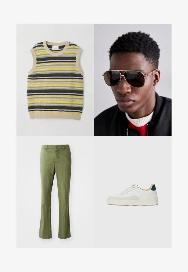 Gebreide mouwloze top met horizontale strepen in geel, groen, bruin en blauw. Ronde halslijn met ribgebreide beige afwerking. Gestructureerde stof.; Olijfgroene linnen broek met een rechte pijp ontwerp, voorzien van een sluiting met een voorknoop en een subtiele textuur. Geen patronen of accenten.; Witte sneaker met suède accenten, ronde neus, platte veters en een crème rubberen zool. Bevat groene branding op de hiel.; Bruine zonnebril met gouden accenten en een groen-rood-groene streep op de veren, gedragen met een zwarte bomberjack over een rood-wit trui.