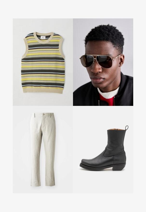 Top senza maniche in maglia con strisce orizzontali gialle, verdi, marroni e blu. Collo rotondo con bordatura a coste beige. Tessuto testurizzato.; Pantaloni in lino beige chiaro con taglio dritto, sottile texture, chiusura frontale con bottone e due tasche laterali. Progettati per una silhouette pulita.; Stivale alla caviglia in pelle nera con una texture liscia, profilo snello, cuciture laterali e un tacco quadrato basso. Presenta un pratico lacciolo sul retro.; Occhiali da sole marroni con accenti dorati e una striscia verde-rossa-verde sulla tempia, indossati con una giacca bomber nera su un maglione rosso e bianco.