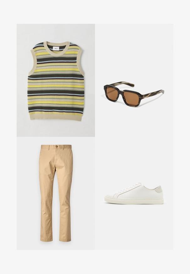 Nertas bešvarkis viršus, puoštas horizontaliomis dryžiais geltonos, žalios, rudos ir mėlynos spalvų. Apvalus iškirpimas, apdailintas kreminės spalvos perliniais kraštais. Tekstūruota medžiaga.; Bežinės medvilnės kelnės tiesiu kirpimu, su priekiniais sagų uždarymu ir diržo kilpomis. Lygus pavirčius su minimaliais akcentais.; Baltos odinės sportinės avalynės, lygiu paviršiumi, apvaliu nosiu ir minimalistiniu dizainu. Su smėlio spalvos akcentais ant kulno ir guminis padas.; Plastikiniai saulės akiniai su šelkės raštu, aštuonkampiais rudais lęšiais ir plonais auksiniais akcentais ant rėmo.