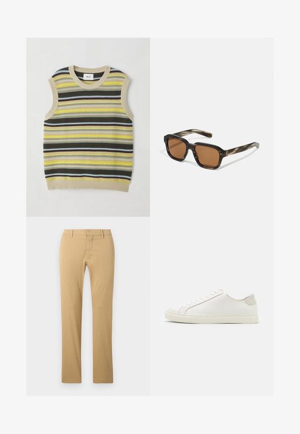 Skrócony bezrękawnik z poziomymi paskami w kolorze żółtym, zielonym, brązowym i niebieskim. Okrągły dekolt z żeberkowym beżowym wykończeniem. Teksturowany materiał.; Beżowe bawełniane chinosy z prostą nogawką, z płaskim przodem, paskiem na pasek oraz ukrytym zapięciem na zamek.; Białe skórzane sneakersy o gładkiej powierzchni, okrągłym nosku i minimalistycznym wzornictwie. Zawierają beżowe akcenty na pięcie oraz gumową podeszwę.; Plasticzne okulary przeciwsłoneczne w wzór żółwia, o ośmiokątnych brązowych soczewkach oraz cienkich złotych akcentach na oprawie.