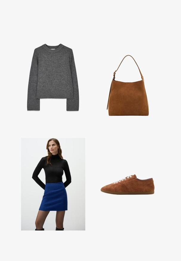 Grijze gebreide trui met lange mouwen, ronde hals, geribbelde manchetten en zoom. Zachte textuur met een iets cropped ontwerp.; Blauw en witte gestreepte langlopende overhemstel met een spreadkraag, getailleerde pasvorm en afgeronde zoom. Gestructureerd katoenen materiaal.; Zwarte langemouwen turtleneck top gecombineerd met een gestructureerde blauwe minirok. De rok heeft een licht onregelmatig patroon en een aansluitende vorm.; Bruine nubuck sneaker met witte veters, ronde neus en textuuraccenten. Heeft een laag profiel en een rubberen zool met een gladde afwerking.; Bruine suède schoudertas met een gebogen bovenkant, enkele strap en een gladde textuur. Kenmerkt zich door een minimalistisch ontwerp en strakke lijnen.