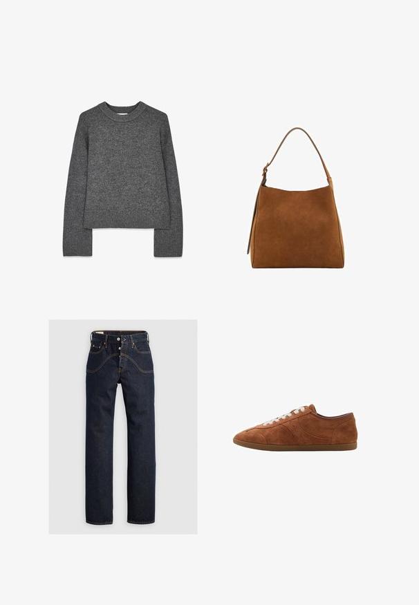 Grå stickad tröja med långa ärmar, rund halsringning, ribbade manschetter och nederkant. Mjuk textur med en något kortad design.; Blå och vit randig långärmad skjorta med knäppning, spridd krage, skräddarsydd passform och rundad fåll. Texturerat bomullsmaterial.; Levi's® 501® '90S WESTERN - Jeans straight leg - dark blue denim; Bruna mockaskinnssneakers med vita snören, rund tå och texturerade detaljer. Har en låg profil och gummisula med en slät yta.; Brun mockaskinns axelväska med en rundad topp, enkel rem och slät yta. Har en minimalistisk design och rena linjer.