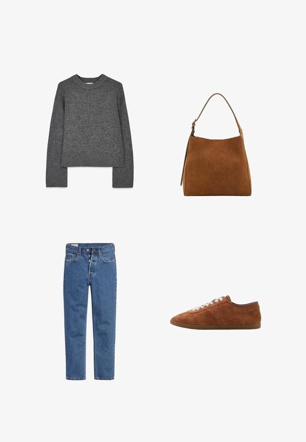 Siv krožast pleten pulover z dolgimi rokavi, krožnim izrezom, rebrastimi manšetami in robom. Mehka tekstura s rahlo krajšo zasnovo.; Modra in bela prugasta srajca z dolgimi rokavi in gumbom, s širšim ovratnikom, prilagojenim krojem in ukrivljenim robom. Teksturni bombažni material.; Modre jeans z denima z visokim pasom, zapiranjem na pet gumbov in ravnim krojem hlačnic. Tkanina ima teksturiran, rahlo zbledel videz.; Rjavi semiš tenisice z belimi vezalkami, okroglo oblikovanimi prsti in teksturiranimi detajli. Imajo nizko zasnovo in gumijast podplat z gladko površino.; Rjava semiš torba preko ramena s ukrivljenim vrhom, enojnim trakom in gladko teksturo. Ponuja minimalističen oblik in čiste linije.