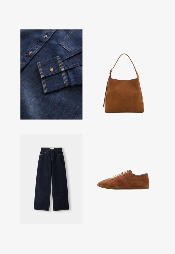 Grå strikket sweater med lange ærmer, rund hals, ribbede manchetter og kant. Blød tekstur med et let cropped design.; Mørkeblå denimskjorte med lys brun syning, der har en knappet krave og en enkelt lomme på venstre ærme.; Mørkeblå denim wide-leg jeans med høj talje, fem lommer, kontraststing og sølvfarvet metalbeslag. Glat overflade og pæn finish.; Brune ruskinds sneakers med hvide snørebånd, rund tå og strukturerede detaljer. Har en lav profil og gummisål med en glat finish.; Brun ruskinds skuldertaske med en buet top, enkelt strop og glat tekstur. Har et minimalistisk design og rene linjer.