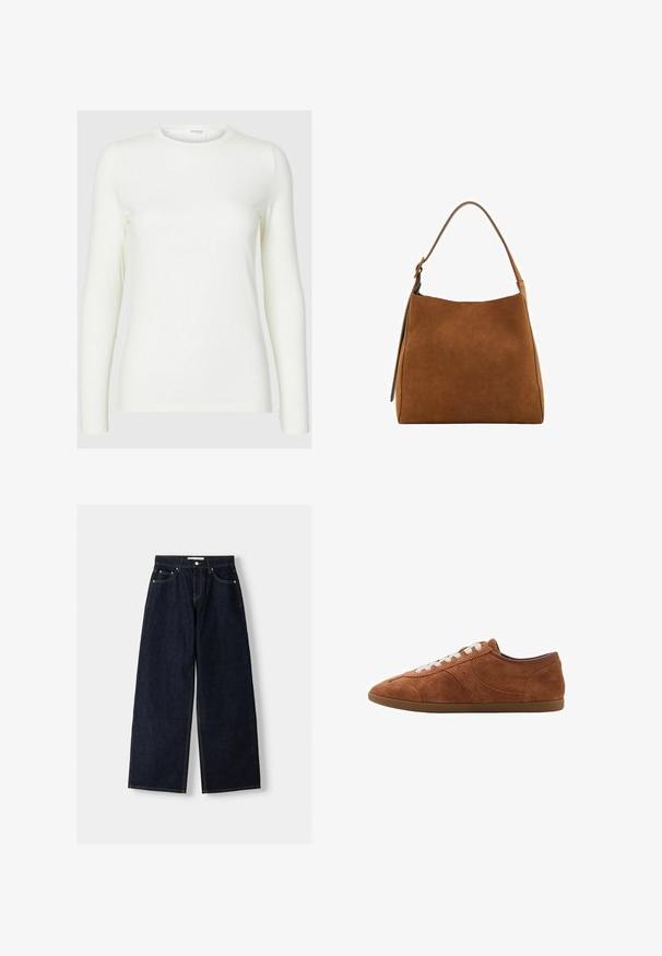 Grå strikket sweater med lange ærmer, rund hals, ribbede manchetter og kant. Blød tekstur med et let cropped design.; Langærmet hvid top lavet af blødt stof med rund hals, der har en glat tekstur og en tætsiddende silhuet. Ingen synlige mønstre eller accenter.; Mørkeblå denim wide-leg jeans med høj talje, fem lommer, kontraststing og sølvfarvet metalbeslag. Glat overflade og pæn finish.; Brune ruskinds sneakers med hvide snørebånd, rund tå og strukturerede detaljer. Har en lav profil og gummisål med en glat finish.; Brun ruskinds skuldertaske med en buet top, enkelt strop og glat tekstur. Har et minimalistisk design og rene linjer.