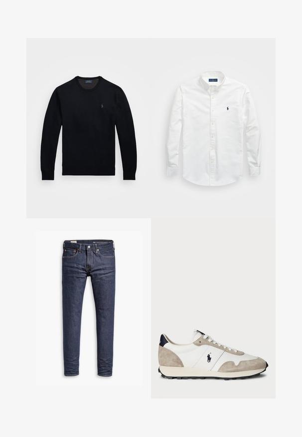 Mustmustrihmust tume värviga, ümara kaelusega ja pikkade varrukatega. Vasakul rinnal on väike tikandiga logo. Pehme tekstuur, klassikaline lõige.; Valge puuvillane särk, millel on nokk-krae, pikad varrukad ja väike tumesinine logo rinnal. Sile pind.; Tumedad sinised slim-fit Levi's Performance teksad viie taskuga ja nähtava õmblusega valge tausta peal.; Valge ja beež sametist sneaker musta kummist tallaga ning Polo logo külgedel, vaadatuna väljastpoolt valge tausta ees.