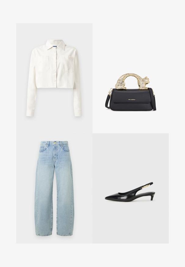 Beige ja musta lõngaga kudum, millel on tekstuurne muster, punutud jooned, kaks eesmist taskut ja kullatud nööbid õlgadel.; Lühendatud valge puuvillane särk, millel on pikad varrukad, terav krae, kaks esikotit ja südame logo vasakul kotil.; Heledad hall sinine teksarikangast laiad püksid kõrge vöökohaga, kerge kulumisega, viie taskuga ja kuldse tooni detailidega. Alläär on sirge ja lõpetamata.; Mustad nahast slingback kontsad terava ninaga, millel on õhuke konts ja kuldse tooni aktsent reguleeritaval rihmal. Sile tekstuur.; Must või voodri tasku ja kuldne kassi kujuline käepide, millel on esine klapp, reguleeritav rihm ja logodetail alumisel ees.