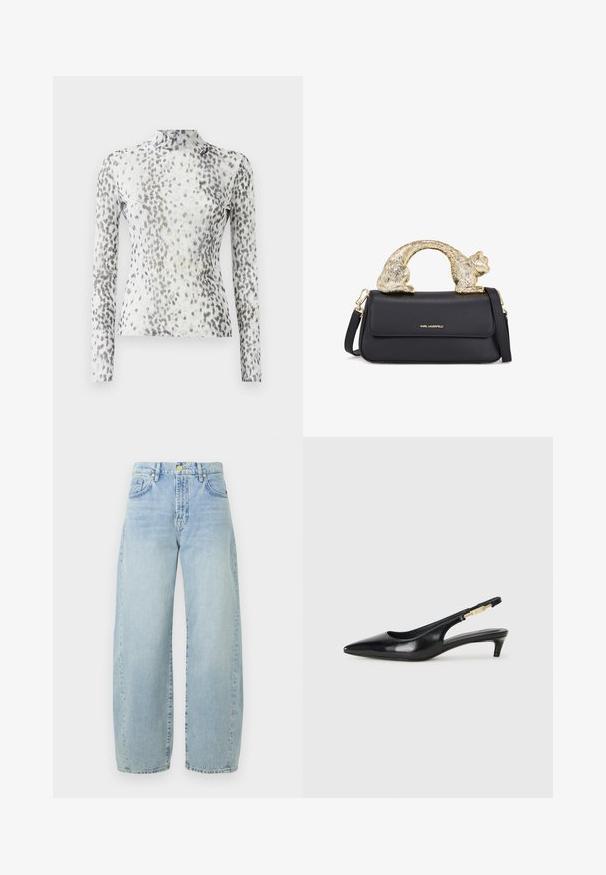 Beige ja musta lõngaga kudum, millel on tekstuurne muster, punutud jooned, kaks eesmist taskut ja kullatud nööbid õlgadel.; Pikend varrukatega särk kõrge kaelusega, valgest kangast, millel on halli ja musta laigulise mustriga kaunistus.; Heledad hall sinine teksarikangast laiad püksid kõrge vöökohaga, kerge kulumisega, viie taskuga ja kuldse tooni detailidega. Alläär on sirge ja lõpetamata.; Mustad nahast slingback kontsad terava ninaga, millel on õhuke konts ja kuldse tooni aktsent reguleeritaval rihmal. Sile tekstuur.; Must või voodri tasku ja kuldne kassi kujuline käepide, millel on esine klapp, reguleeritav rihm ja logodetail alumisel ees.