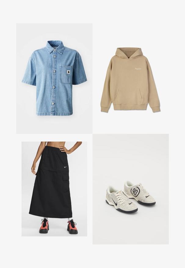 Sweatshirt beige à capuche avec une poche kangourou devant et des poignets côtelés. Présente le logo "Pegador" en blanc sur la poitrine. Texture unie.; Chemise en denim à manches courtes de couleur bleu clair, dotée d'un devant à boutons, d'un col pointu, d'une poche poitrine unique et de boutons en métal.; Jupe maxi athlétique noire avec taille élastique, dotée d'une poche avant et d'un logo Nike. Porte des chaussures de sport colorées.; Baskets Nike avec une tige texturée beige et grise, des accents noirs, un grand logo "90" et un laçage blanc. Semelle noire.