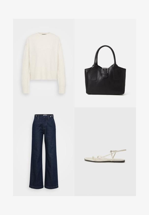 Bijela pletena svijetra s okruglim izrezom i opuštenim krojem. Ima rebraste manžete i rub, izrađena od mekog teksturiranog materijala.; Tamno plave visokotalne široke traperice s dugmadima za podešavanje na struku, prednjim džepovima i zatvaračem na rajsferšlus.; Bež sandala na ravnom potplatu s više tankih trakica i podesivom kopčom. Potplat je ravan s blagim tamnim kontrastom na rubu.; Crna kožna torba za nošenje s glatkom teksturom, strukturiranim oblikom, dvije ručke i istaknutim srebrnim kopčanjem na prednjoj strani.