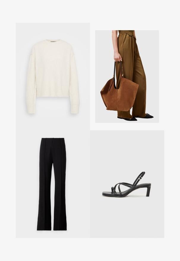 Pull en tricot blanc avec un col rond et une silhouette décontractée. Il présente des poignets et un ourlet côtelés, fabriqué à partir d'un matériau texturé doux.; Pantalons noirs évasés en tissu lisse, avec des plis à l'avant, une taille haute et un design ajusté pour une silhouette élégante.; Sandale noire à lanières avec un bout carré et un petit talon bloc. Elle présente plusieurs fines lanières et une sangle de cheville ajustable. Fabriquée en cuir lisse.; Sac fourre-tout en suède marron avec des poignées en cuir noir, présentant une forme large et décontractée ainsi qu'un design minimaliste, tenu par une personne en pantalon marron.
